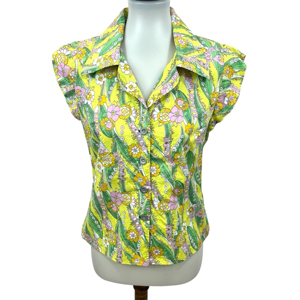 Vintage MCM Mid Century Cotton Neon Floral Button Front Flutter Sleeve Blouse